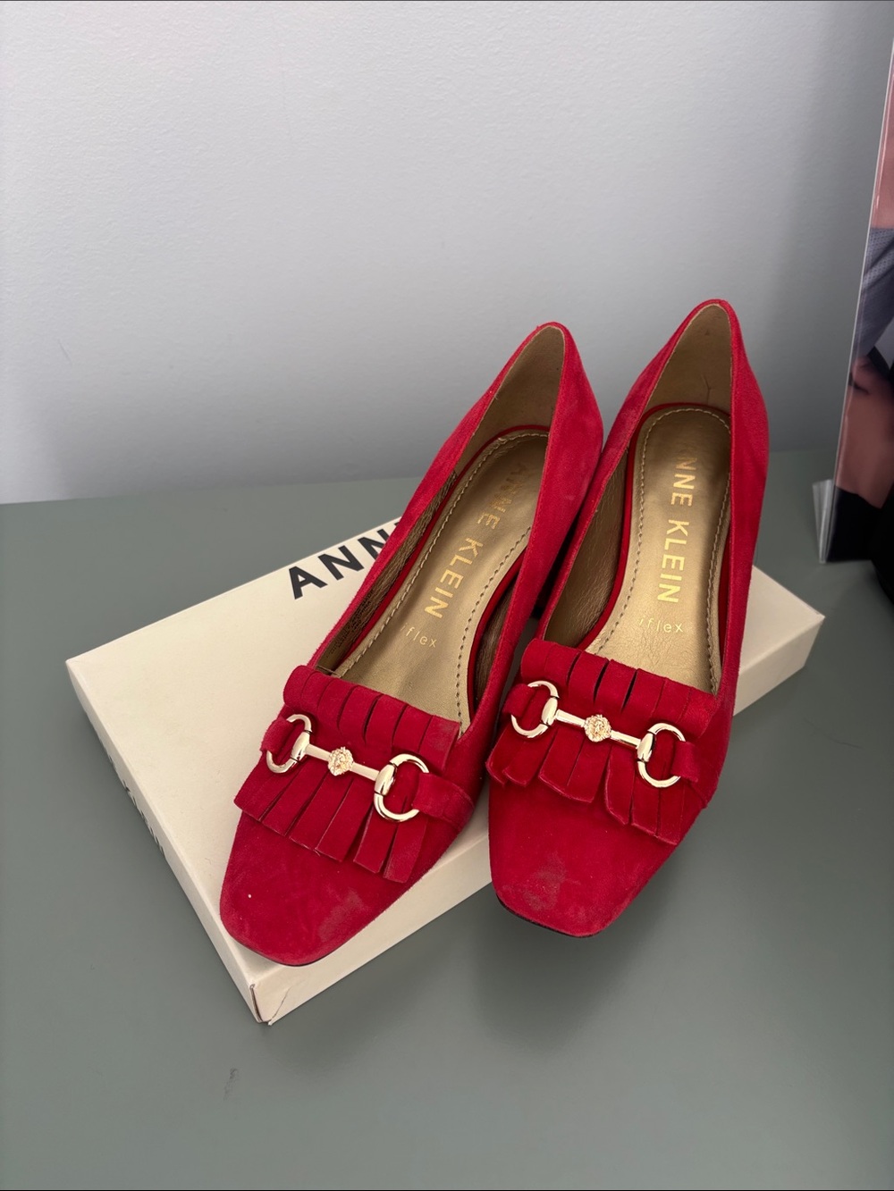 Anne Klein Red Suede Kiltie Loafers with Gold Accent